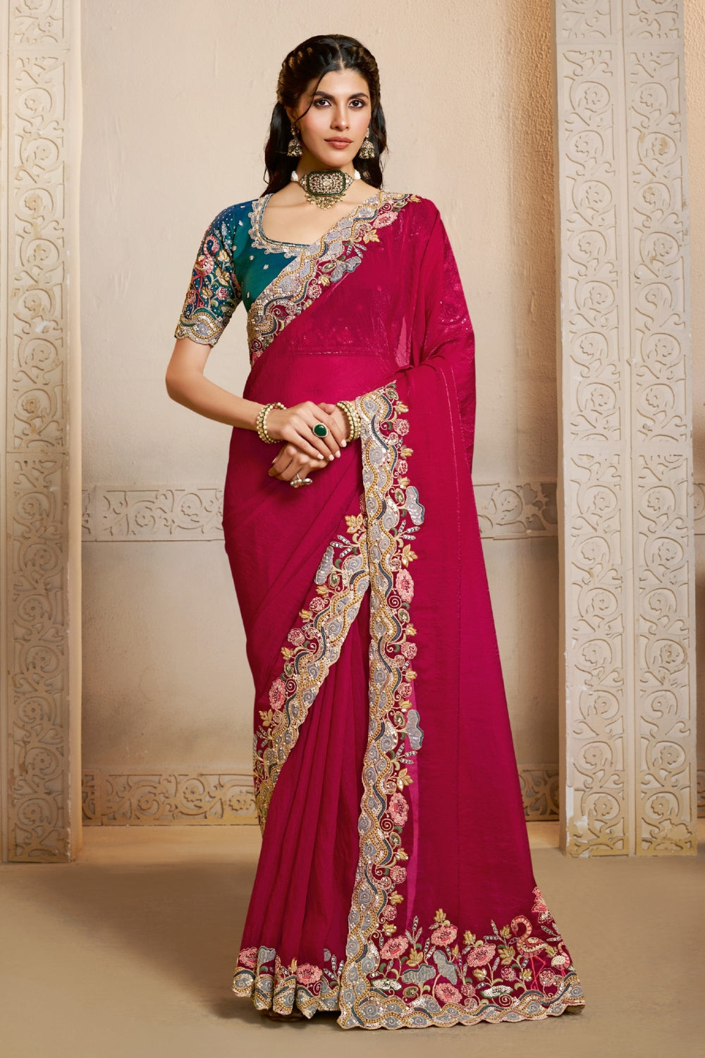 Red Silk Saree with Resham Embroidery and Moti Work