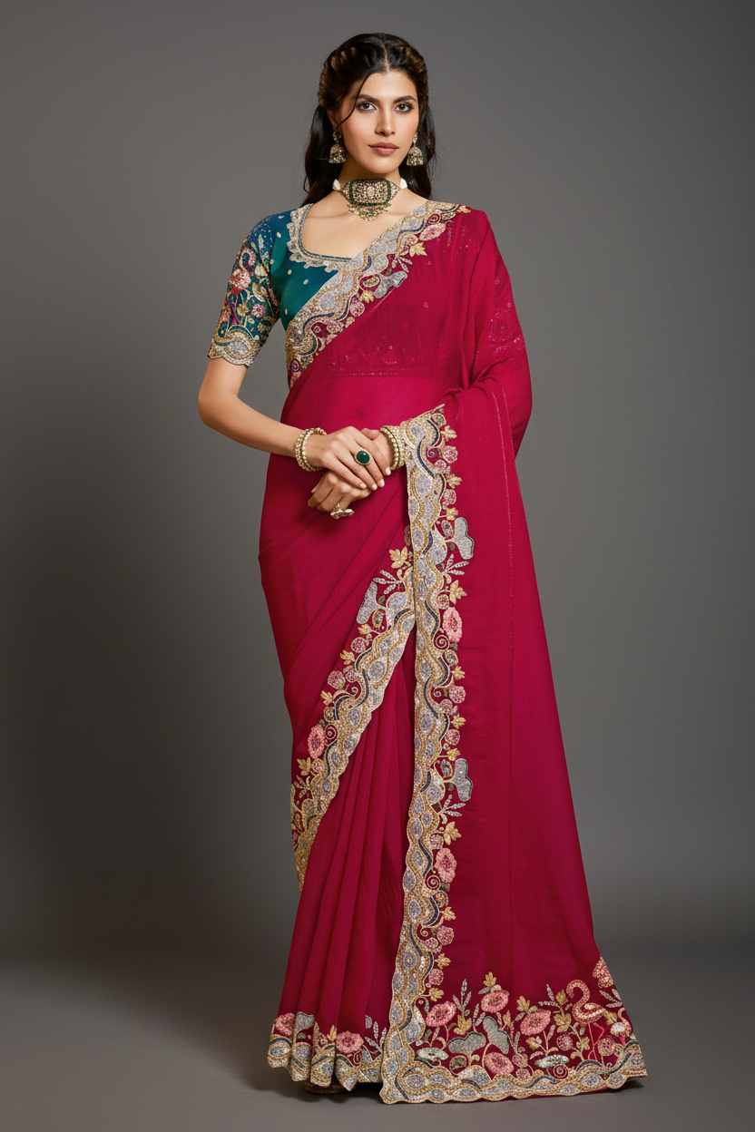 Red Silk Saree with Resham Embroidery and Moti Work