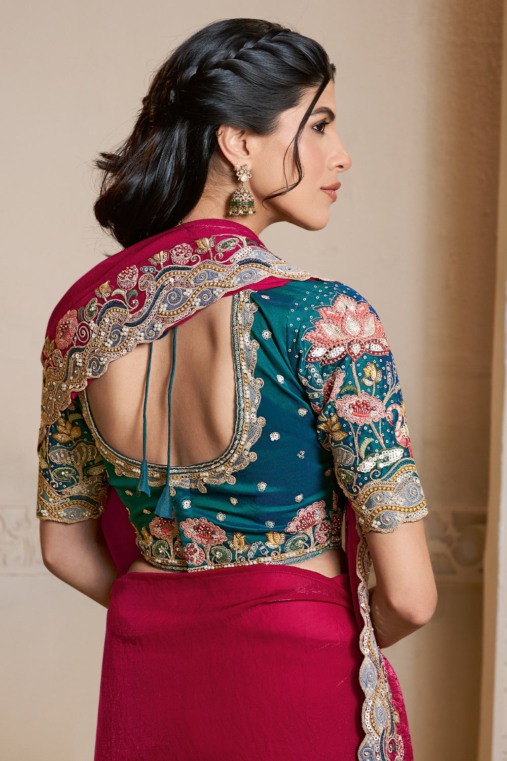 Red Silk Saree with Resham Embroidery and Moti Work