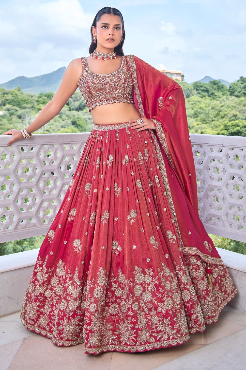 Red Tissue Silk Lehenga Set with Zardosi and Moti Work