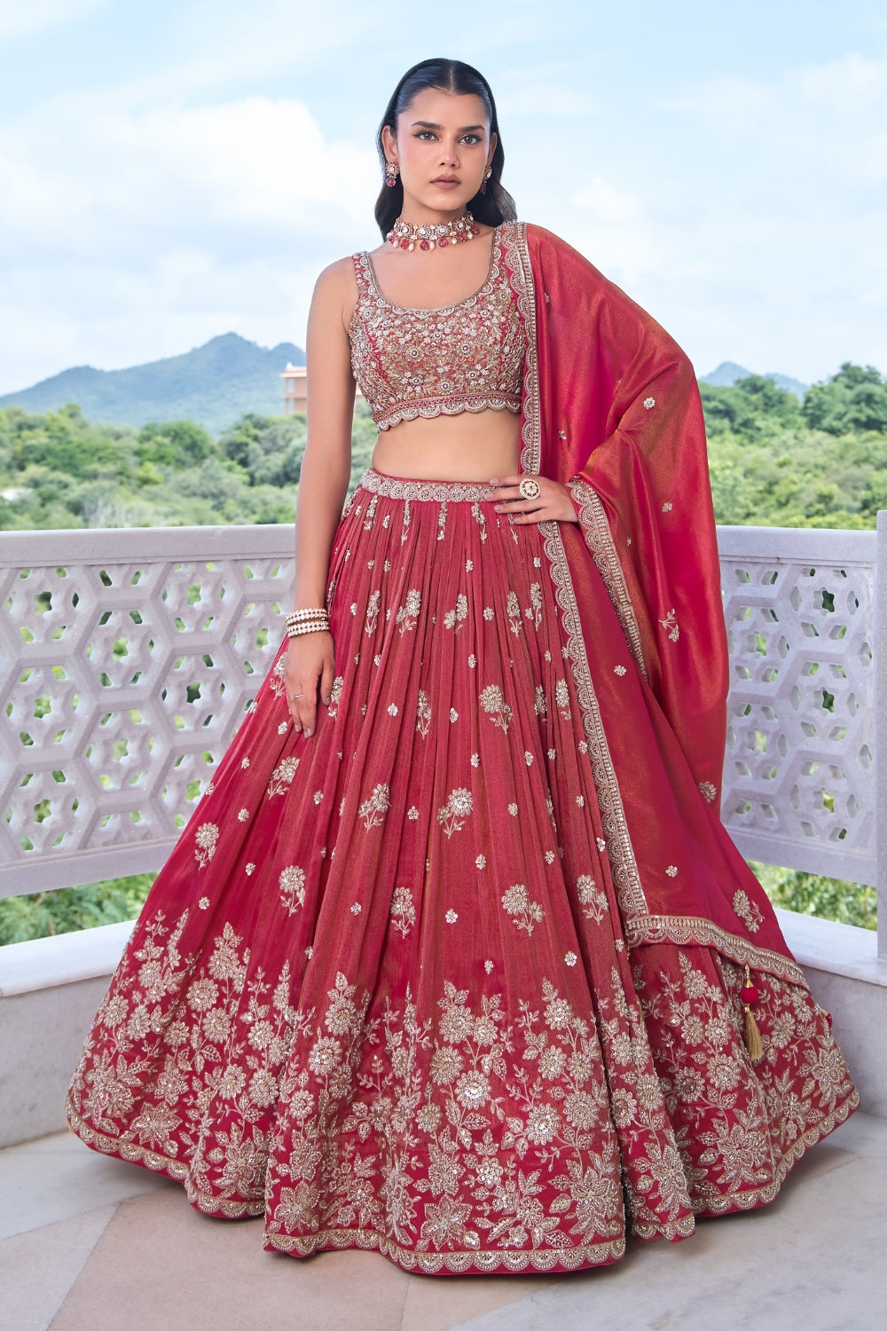 Red Tissue Silk Lehenga Set with Zardosi and Moti Work
