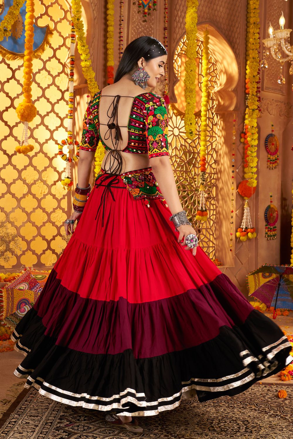 Red And Multi Viscose Cotton Navratri Lehenga Choli Thread With Mirror Work