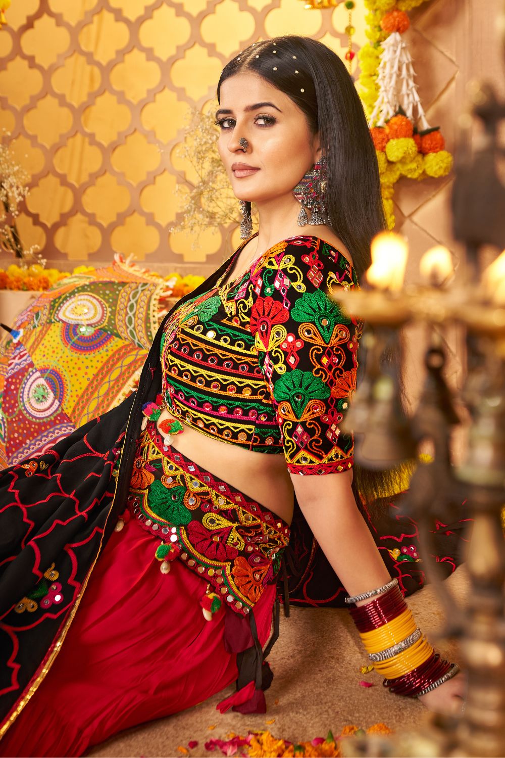 Red And Multi Viscose Cotton Navratri Lehenga Choli Thread With Mirror Work