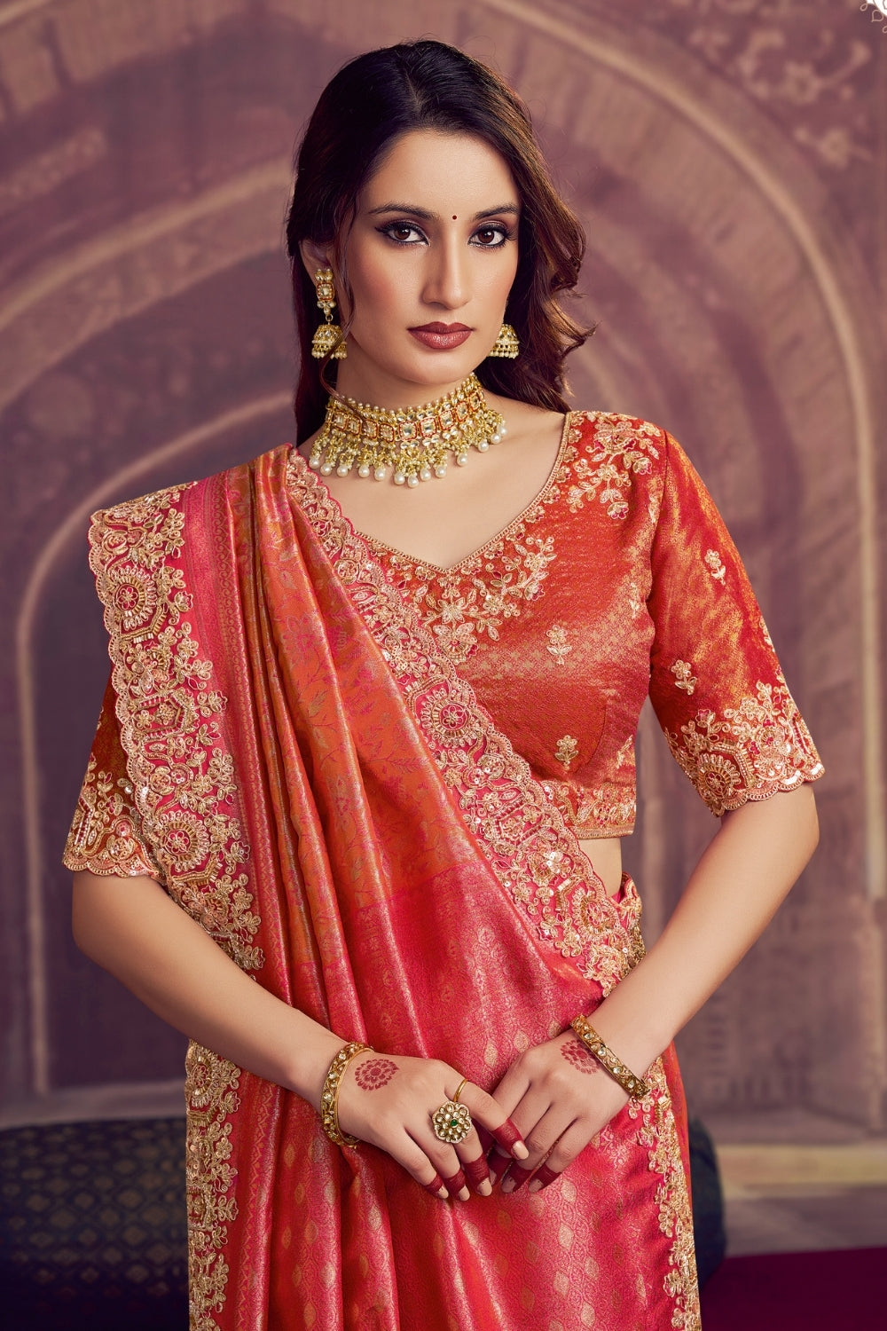 Red and Orange Ombre Kanjiwaram Silk Saree with Cutdana and Sequins Work