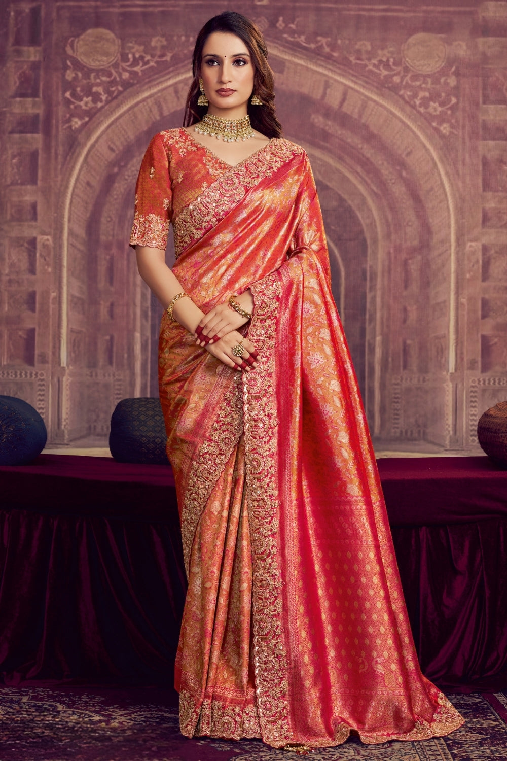 Red and Orange Ombre Kanjiwaram Silk Saree with Cutdana and Sequins Work
