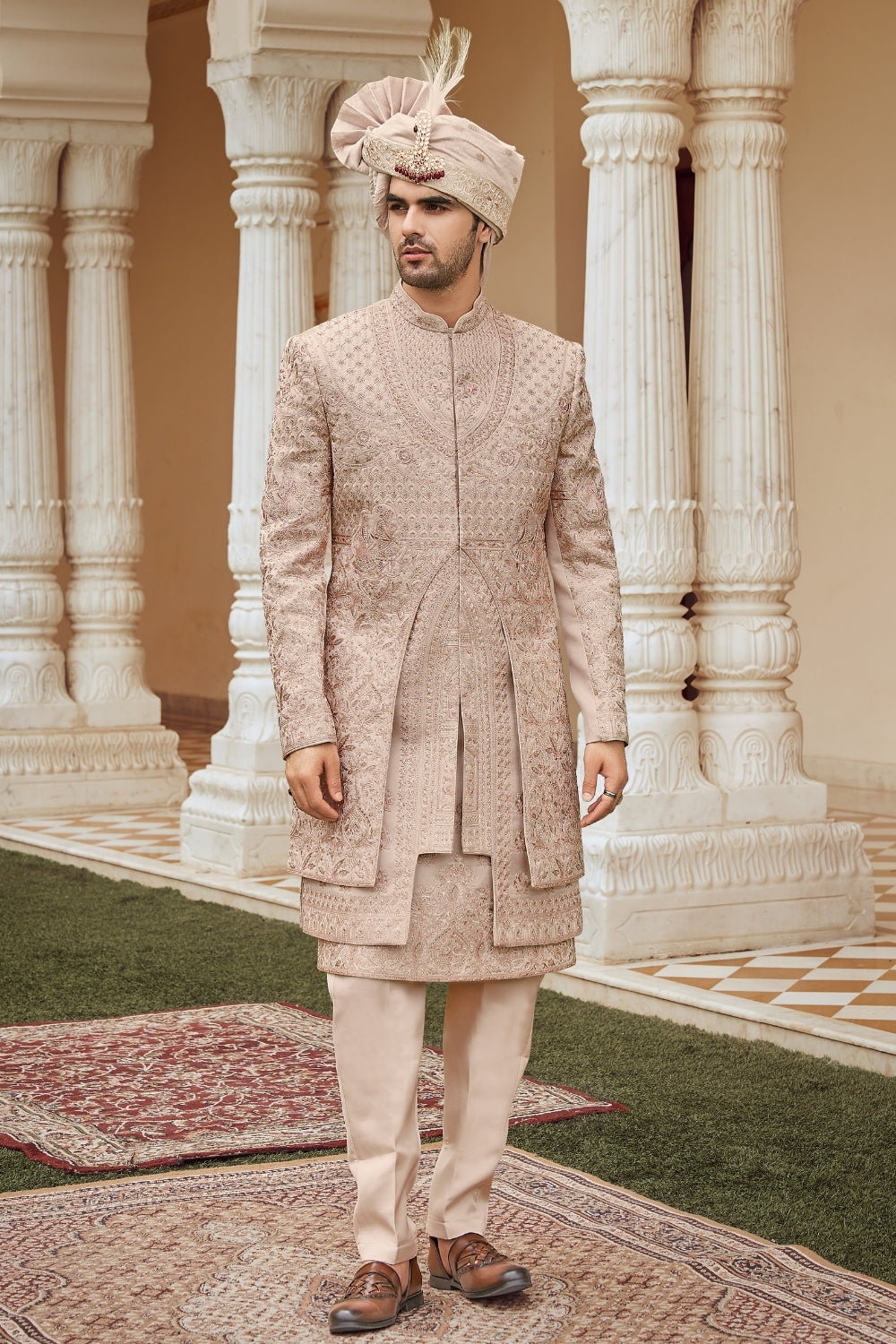 Rose Gold Silk Sherwani with Cutdana and Resham Embroidery
