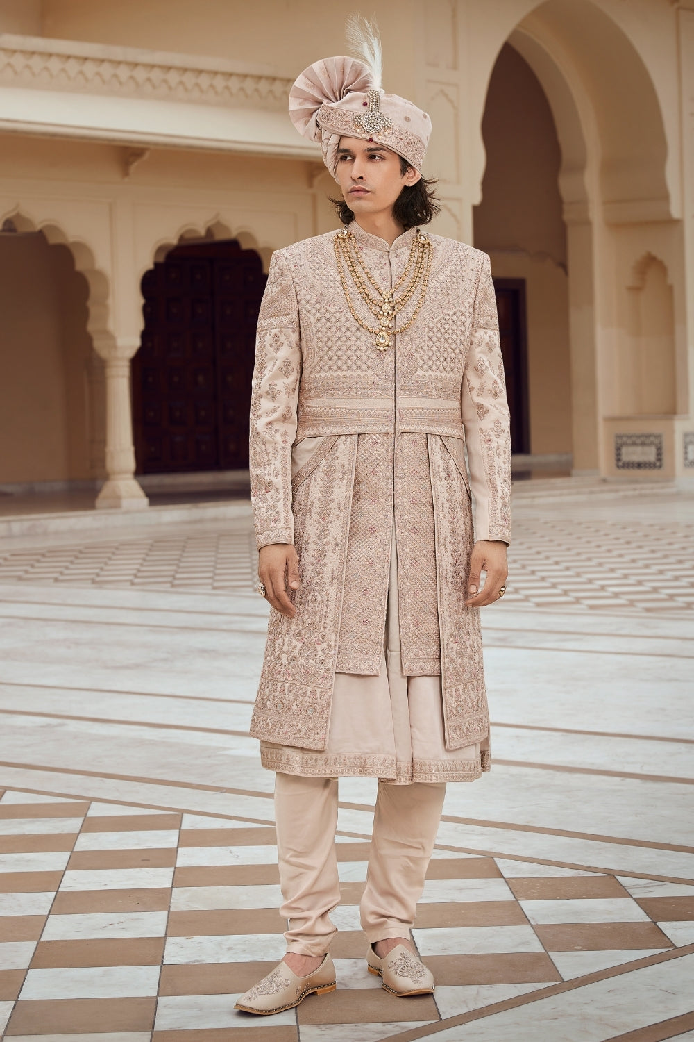Rose Gold Silk Sherwani with Sequins and Cutdana Work