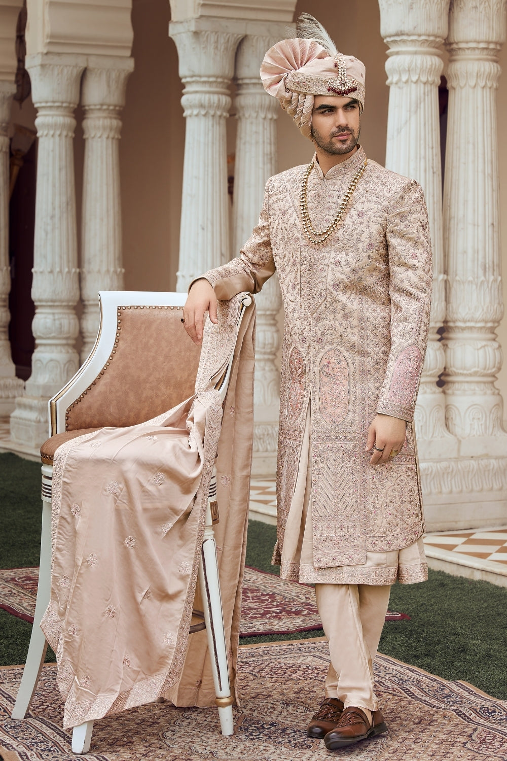 Rose Gold Silk Sherwani with Sequins and Resham Embroidery