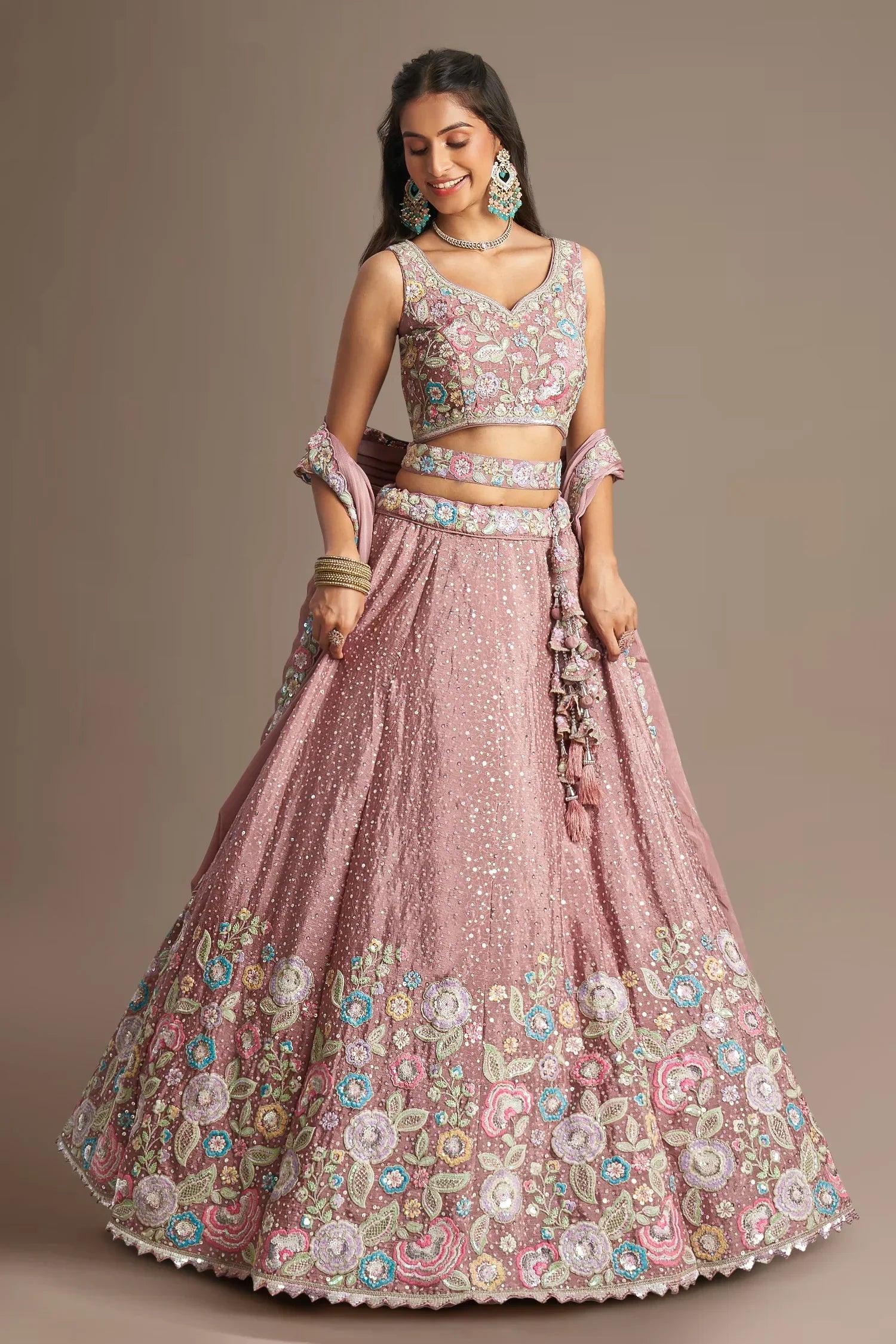 Rose Pink Chiffon Sequinned and Floral Embroidered Lehenga