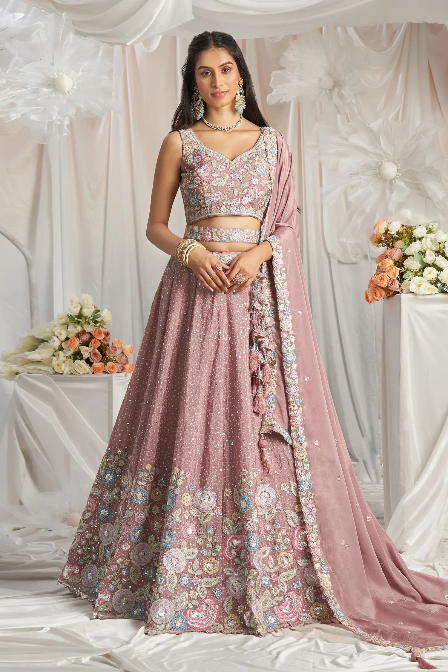 Rose Pink Chiffon Sequinned and Floral Embroidered Lehenga