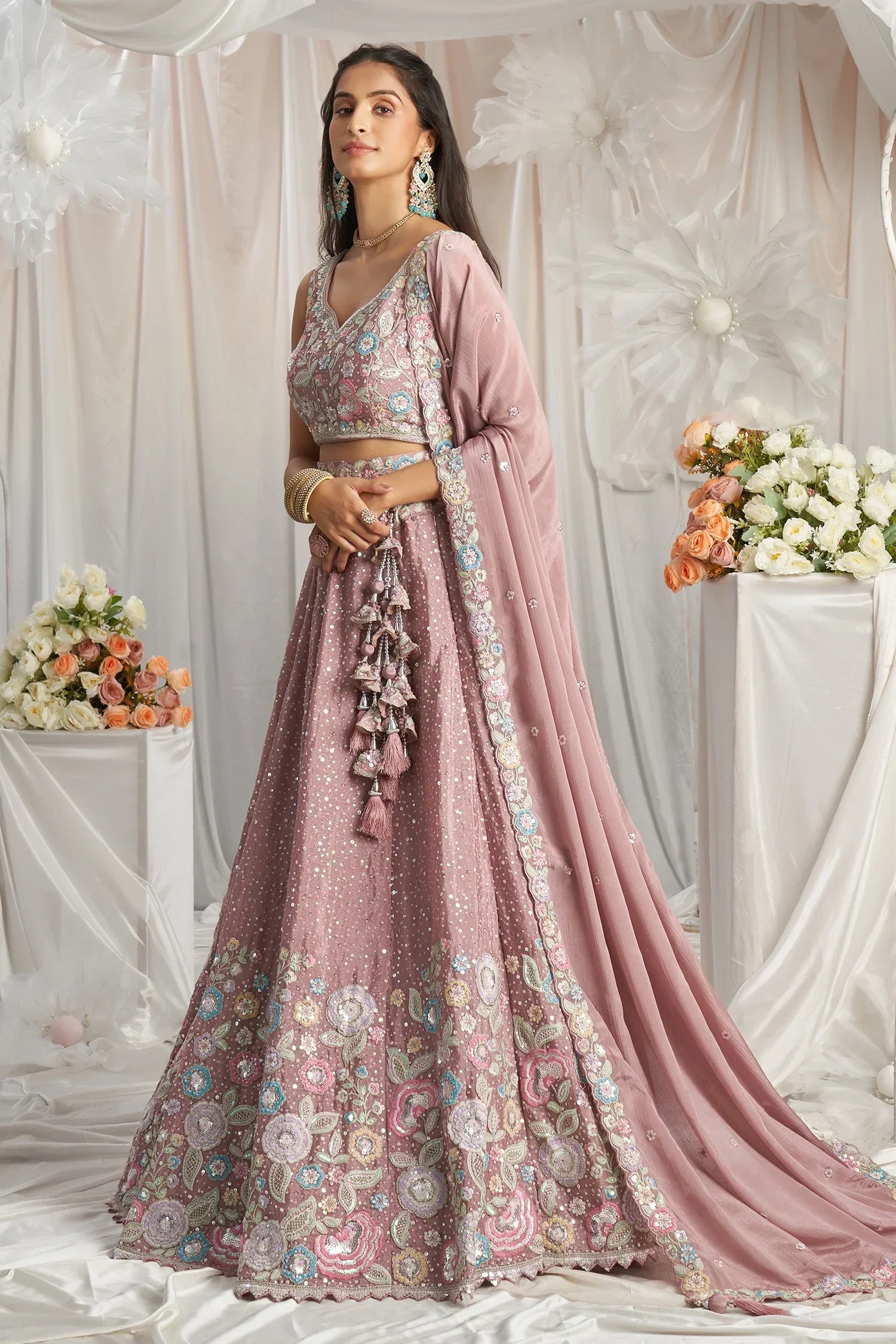 Rose Pink Chiffon Sequinned and Floral Embroidered Lehenga