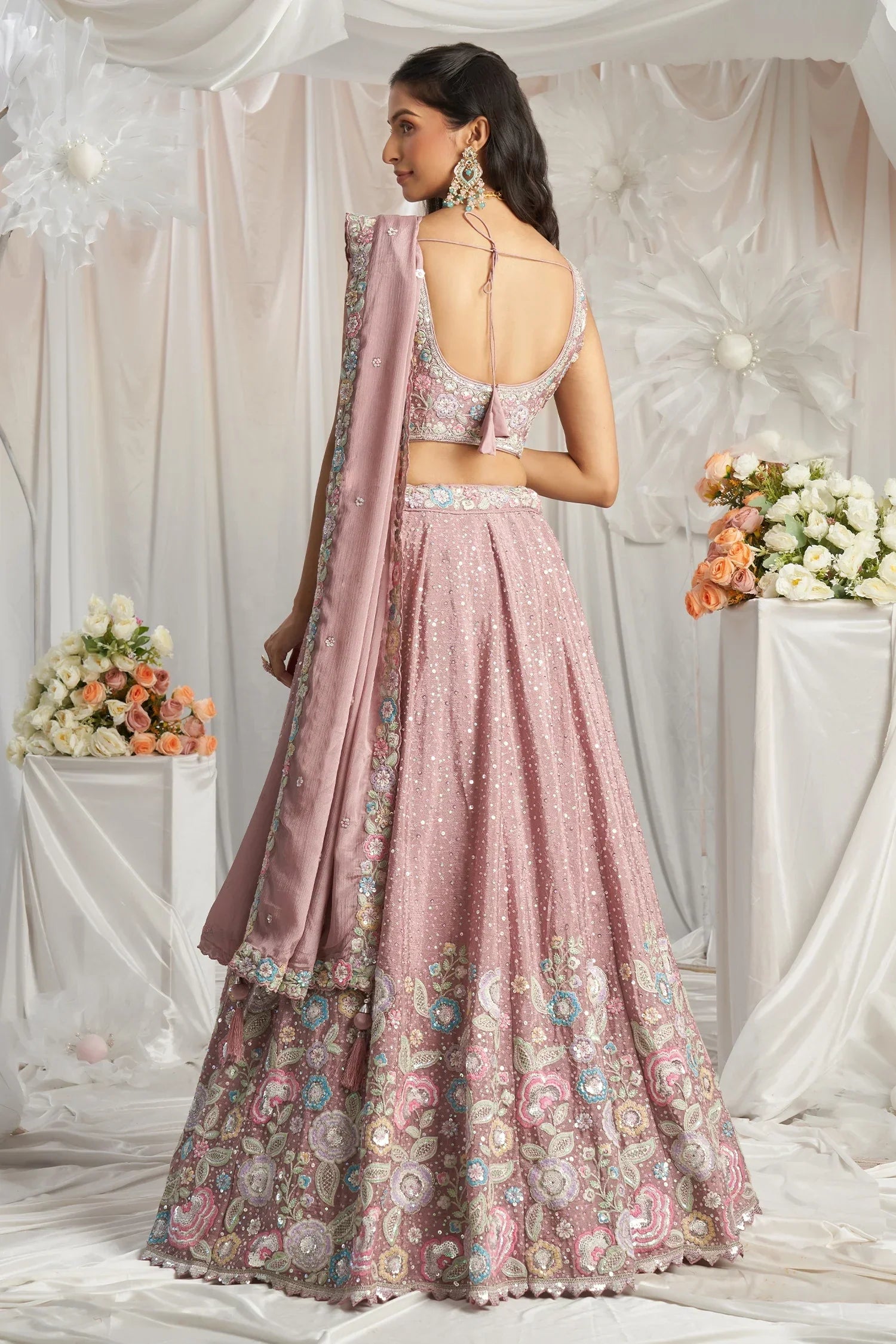 Rose Pink Chiffon Sequinned and Floral Embroidered Lehenga