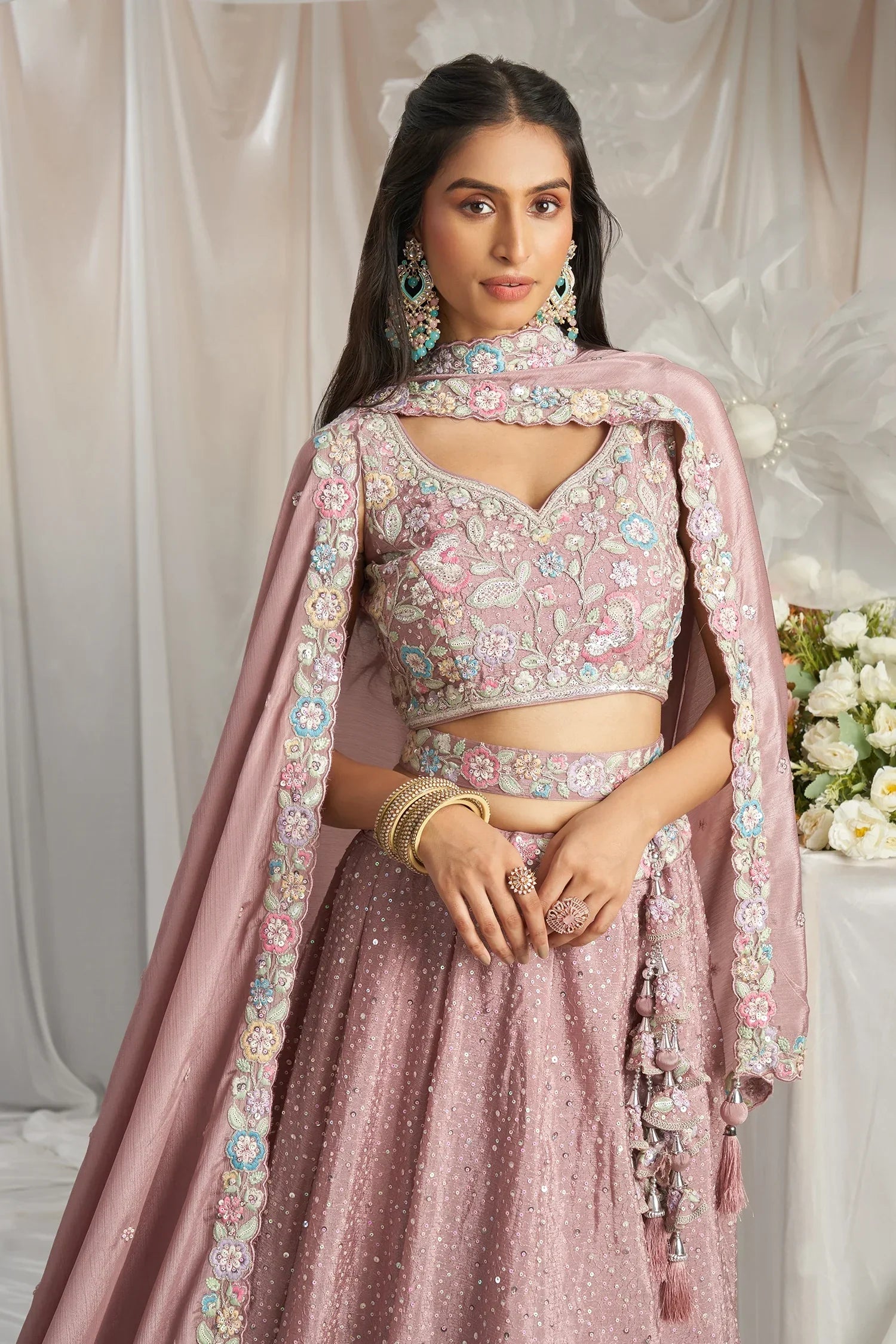 Rose Pink Chiffon Sequinned and Floral Embroidered Lehenga