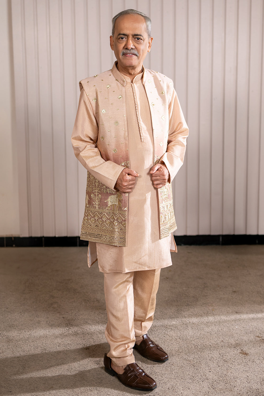 Beige Crepe Tissue Koti Set with Sequins and Embroidery Work