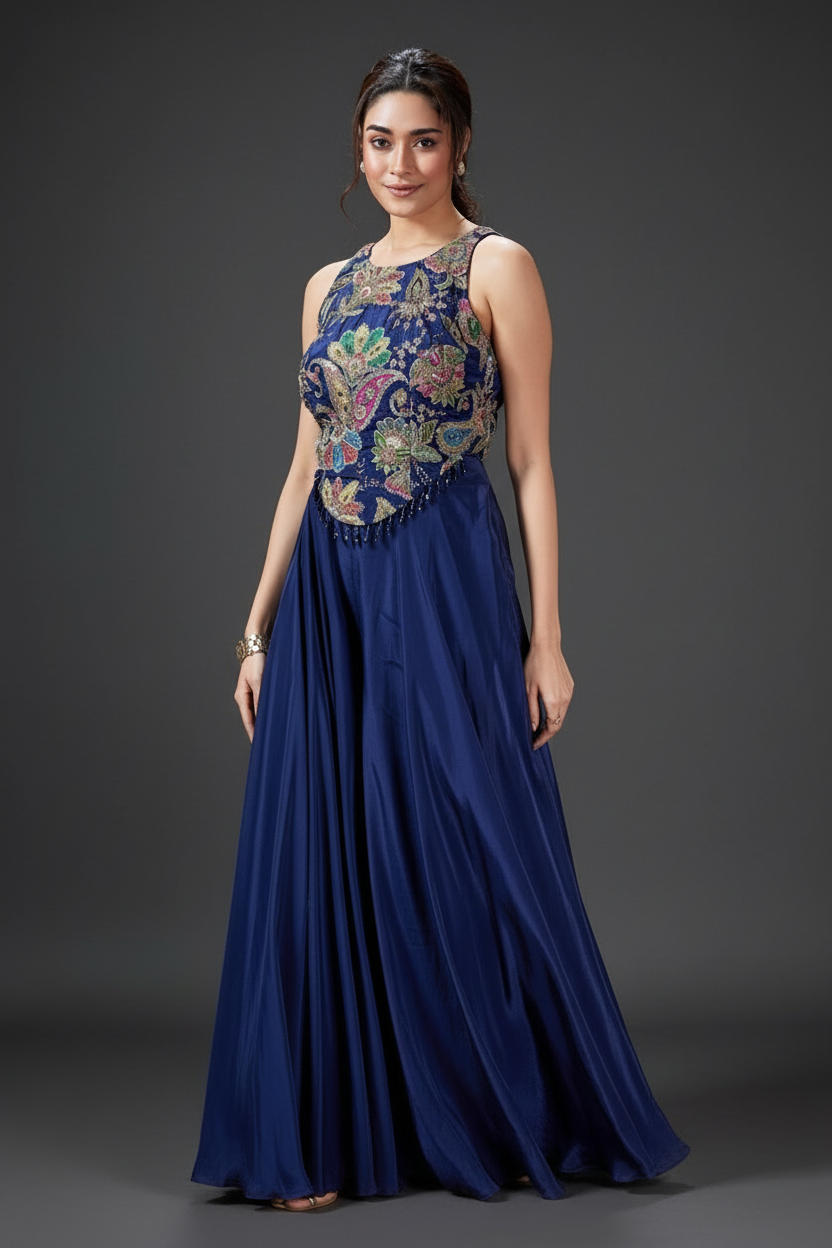 Royal Blue Crepe Silk Palazzo Set with Cutdana and Beads Work
