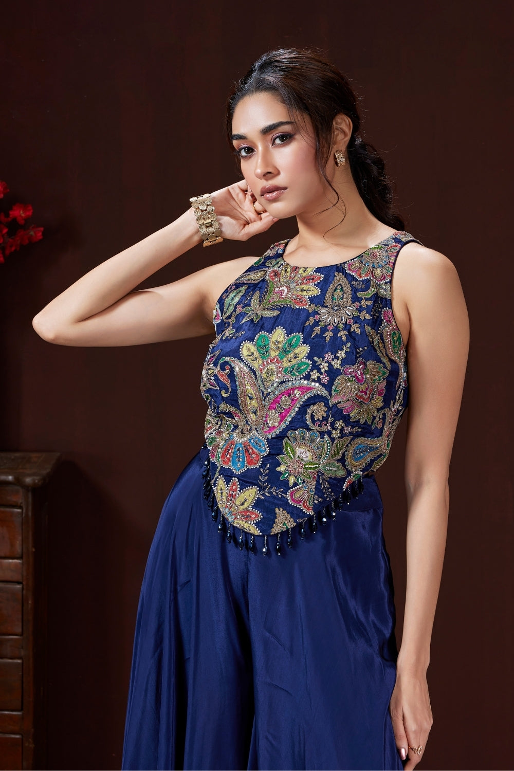 Royal Blue Crepe Silk Palazzo Set with Cutdana and Beads Work