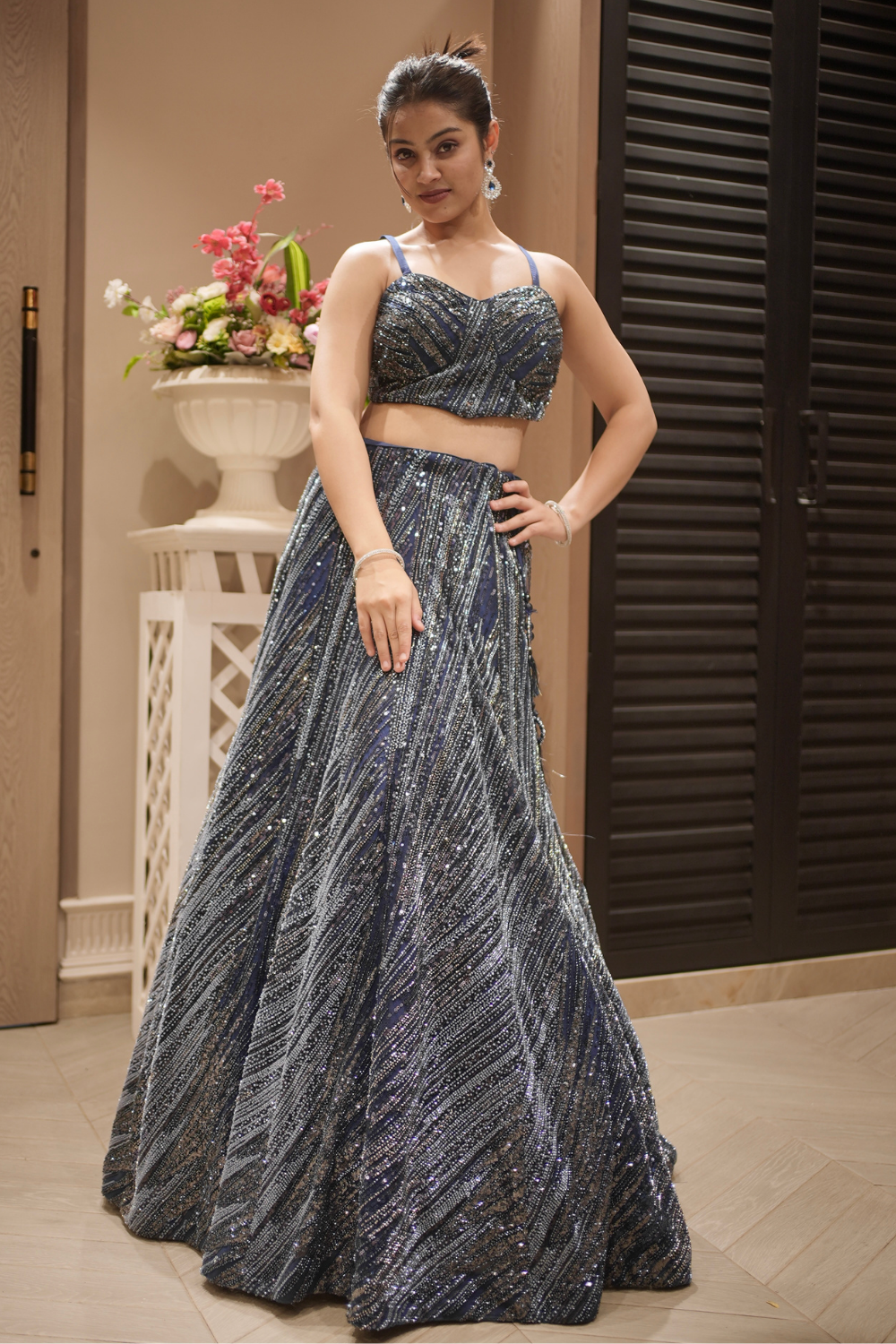 Royal Blue Net Lehenga Choli with Sequins and Cutdana Work