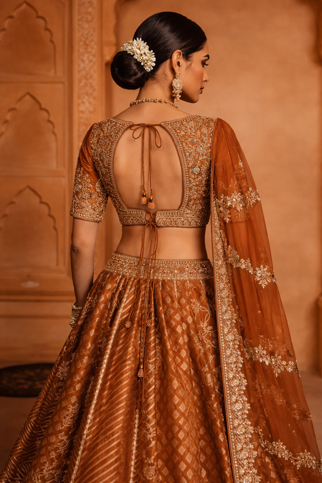 Rust Banarsi Silk Lehenga Set with Moti and Sequins Work
