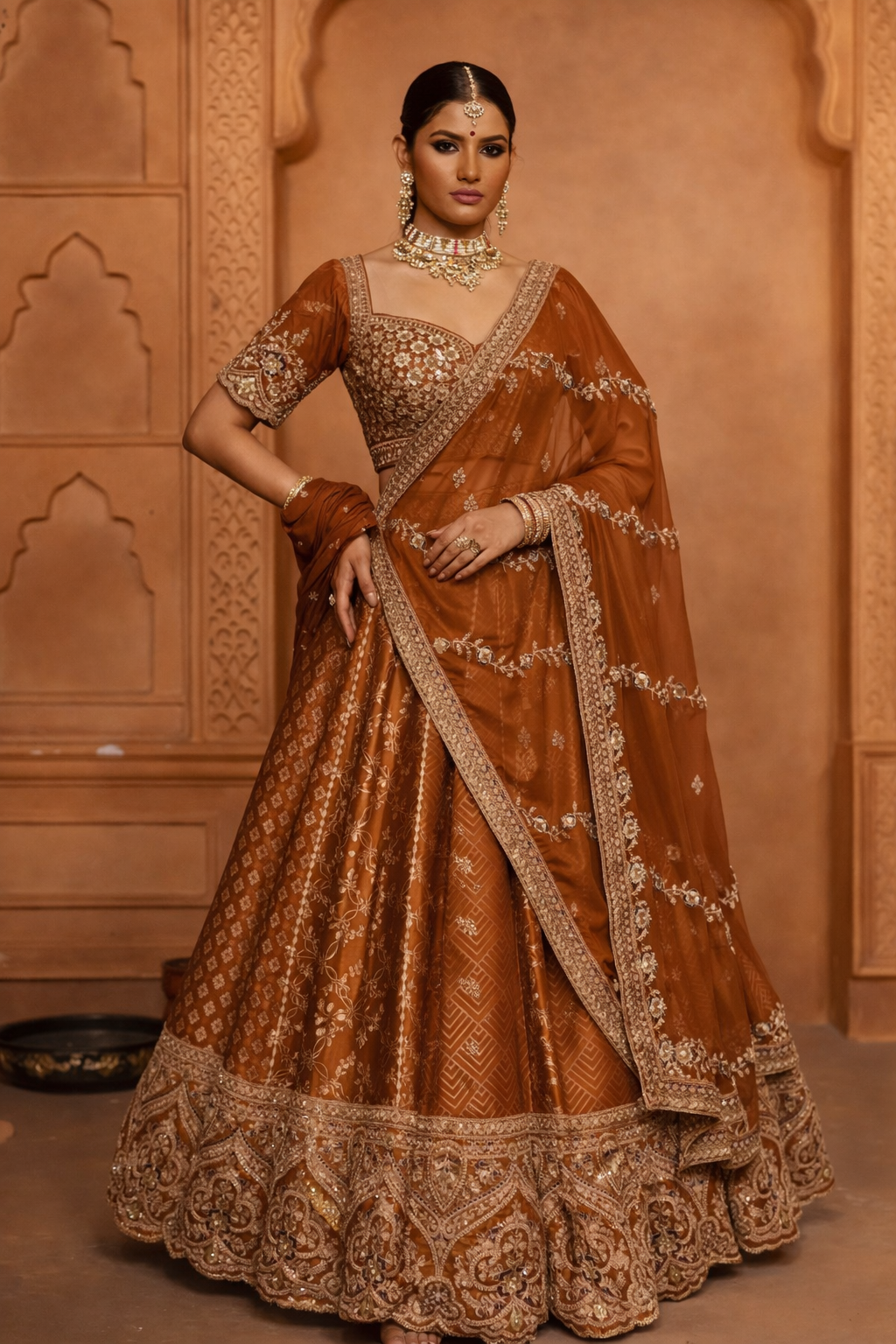 Rust Banarsi Silk Lehenga Set with Moti and Sequins Work