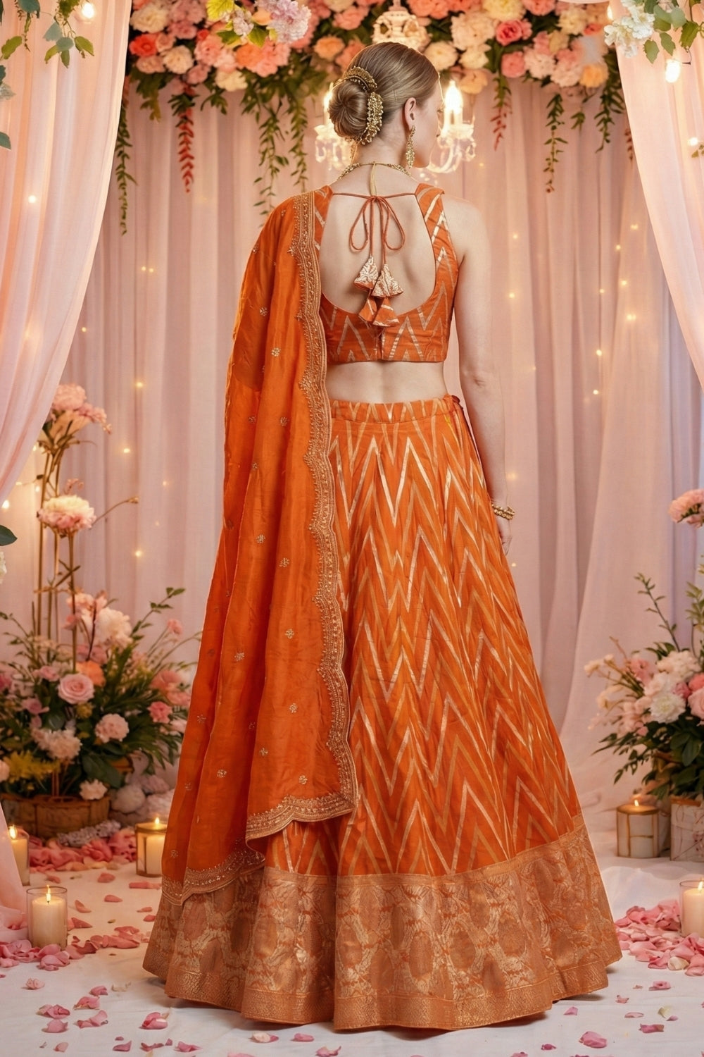 Rust Banarsi Silk Waving Lehenga Set