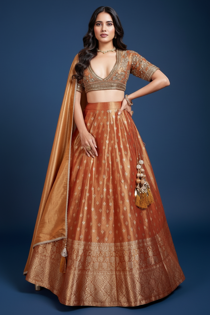Rust Orange Tissue Lehenga Choli With Zari Weaving