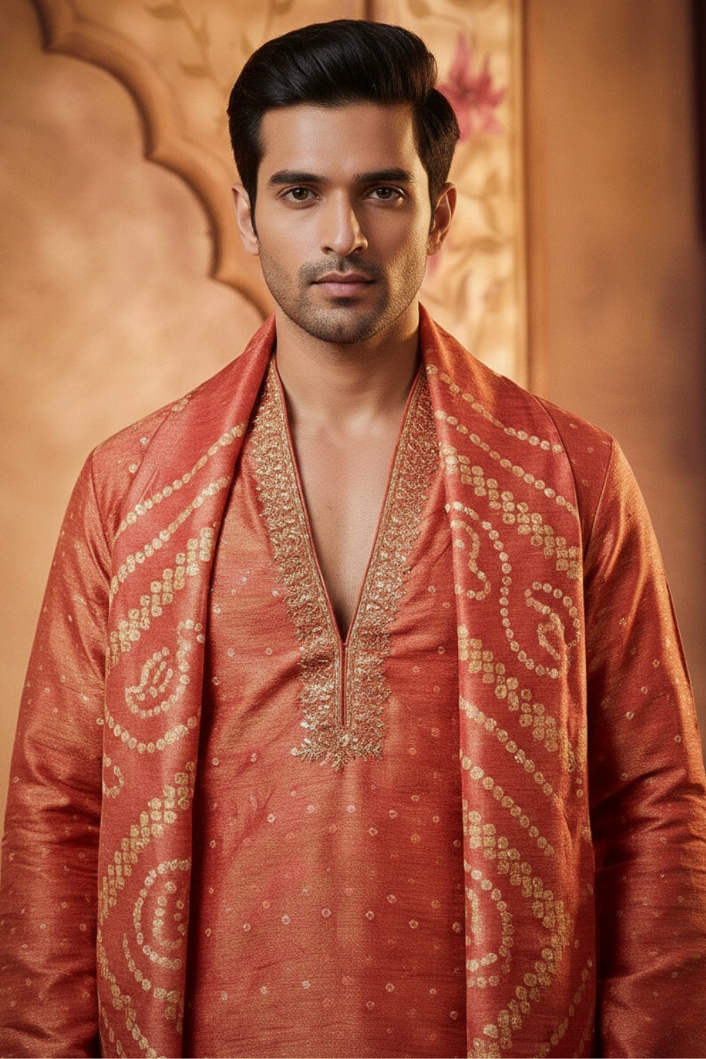 Rust Tissue Kurta Set with Mirror and Thread Work