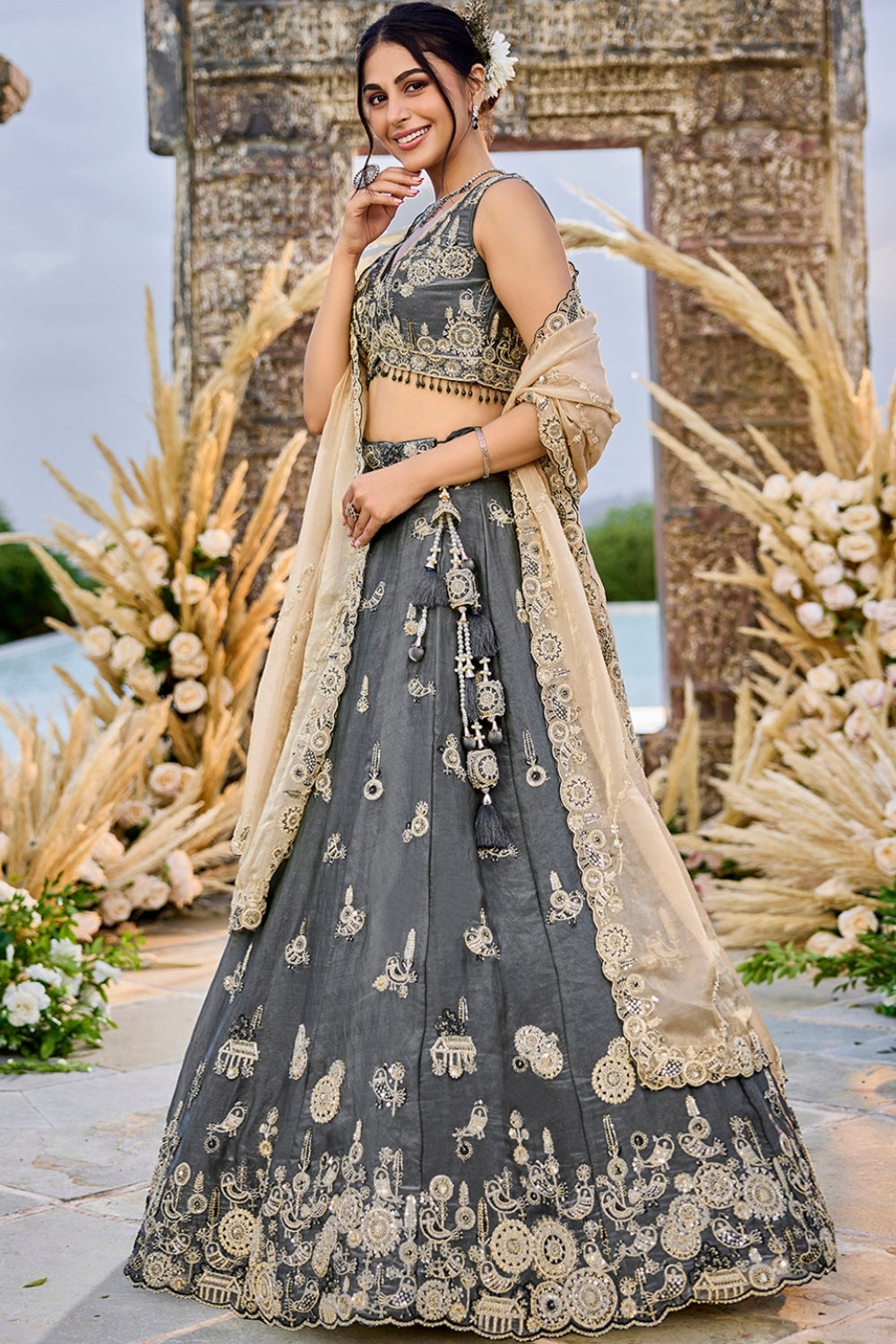 SATIN SILK LEHENGA CHOLI WITH RESHAM EMBROIDERY AND BEADS