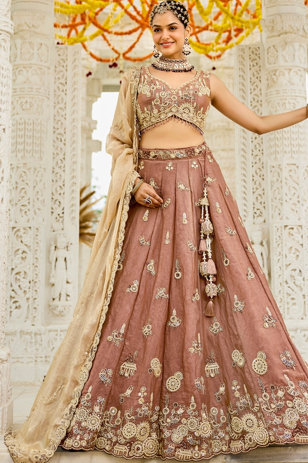 SATIN SILK LEHENGA CHOLI WITH RESHAM EMBROIDERY AND BEADS