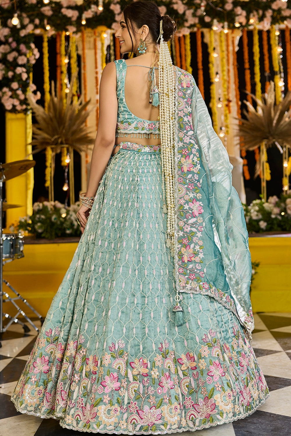 SATIN SILK LEHENGA CHOLI WITH RESHAM EMBROIDERY AND MOTI