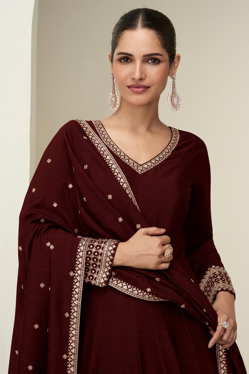SILK ANARKALI SUIT WITH EMBROIDERY AND SEQUINS