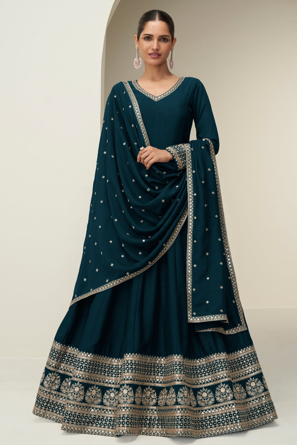 SILK ANARKALI SUIT WITH EMBROIDERY AND SEQUINS