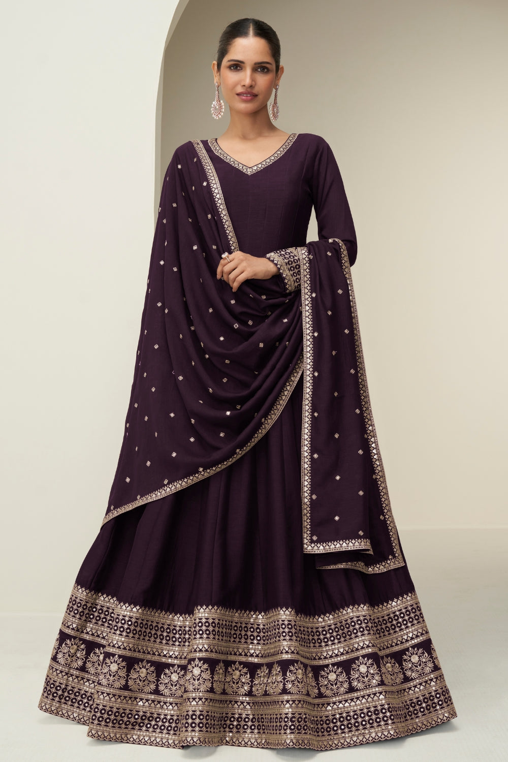 SILK ANARKALI SUIT WITH EMBROIDERY AND SEQUINS