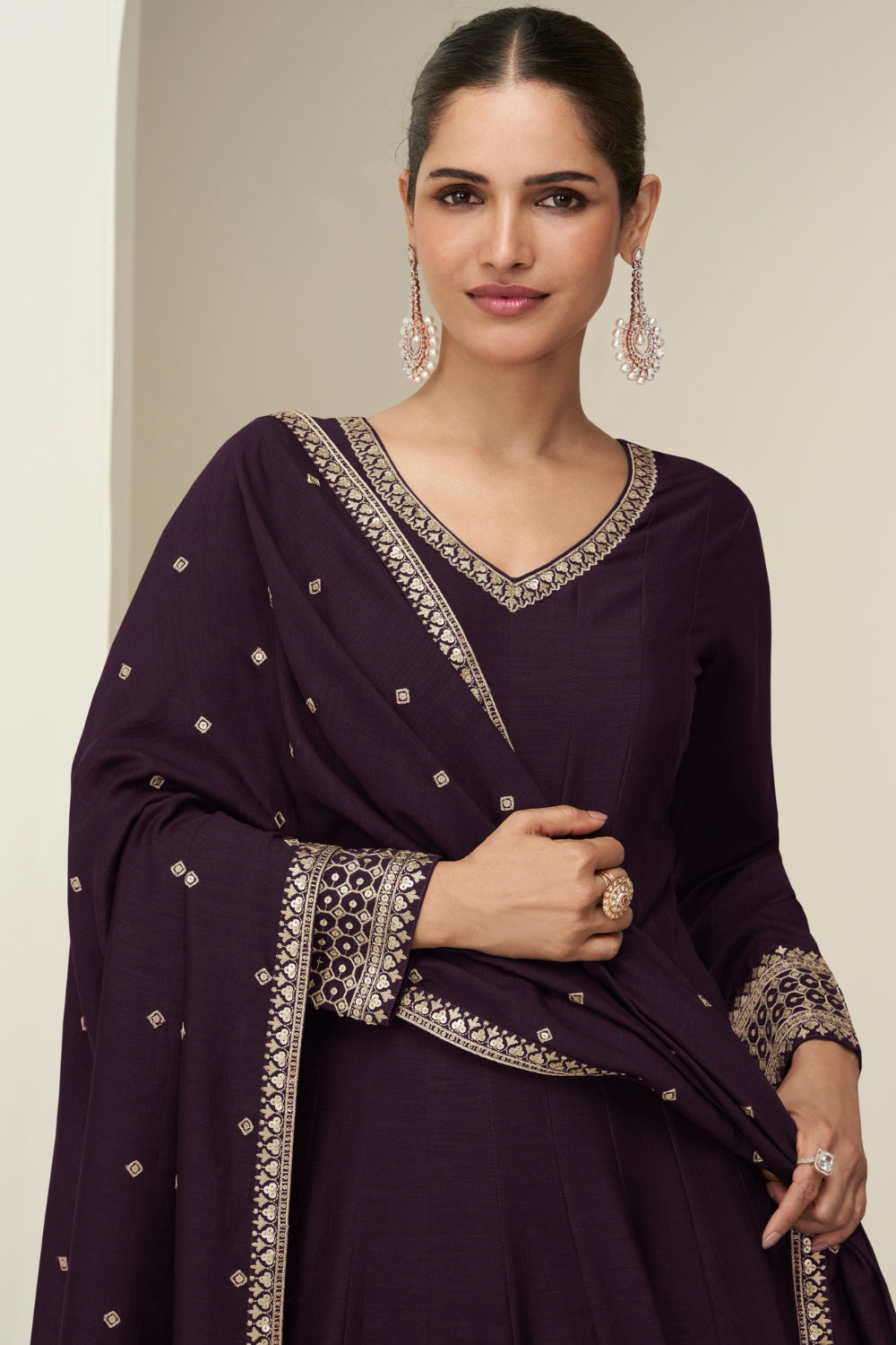 SILK ANARKALI SUIT WITH EMBROIDERY AND SEQUINS
