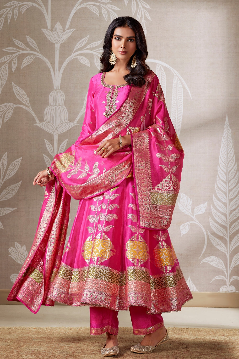 RANI PINK SILK ANARKALI SUIT WITH ZARDOSI AND ZARI WEAVING
