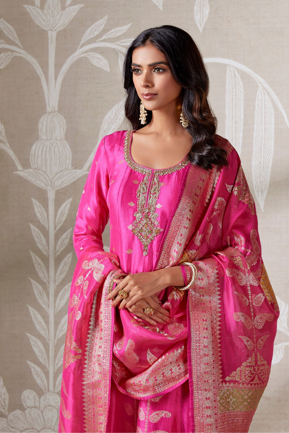 RANI PINK SILK ANARKALI SUIT WITH ZARDOSI AND ZARI WEAVING