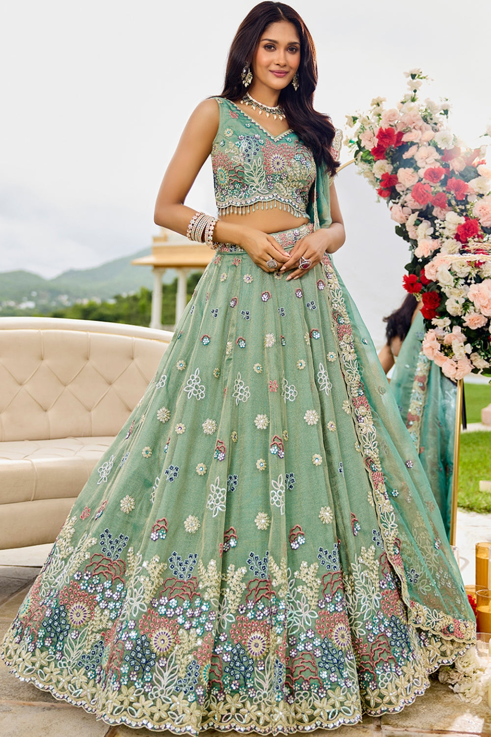 SILK LEHENGA CHOLI WITH GOTTA PATTI AND RESHAM EMBROIDERY