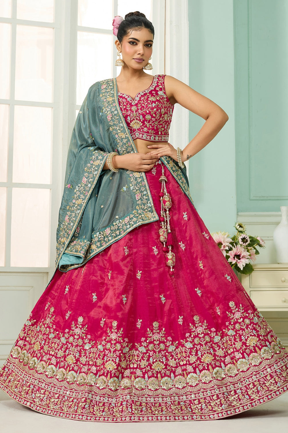 SILK LEHENGA CHOLI WITH MOTI AND SEQUINS