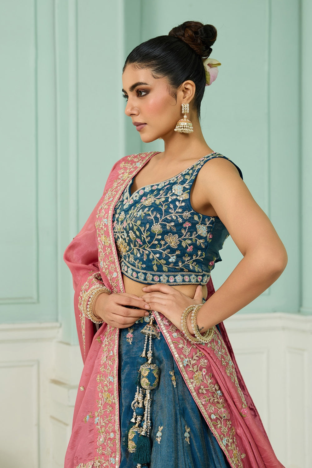SILK LEHENGA CHOLI WITH MOTI AND SEQUINS