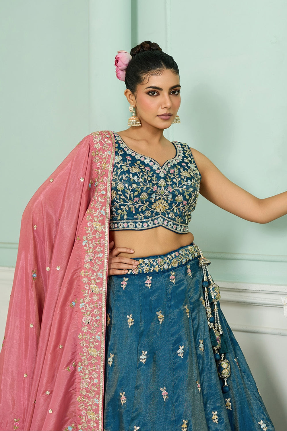 SILK LEHENGA CHOLI WITH MOTI AND SEQUINS