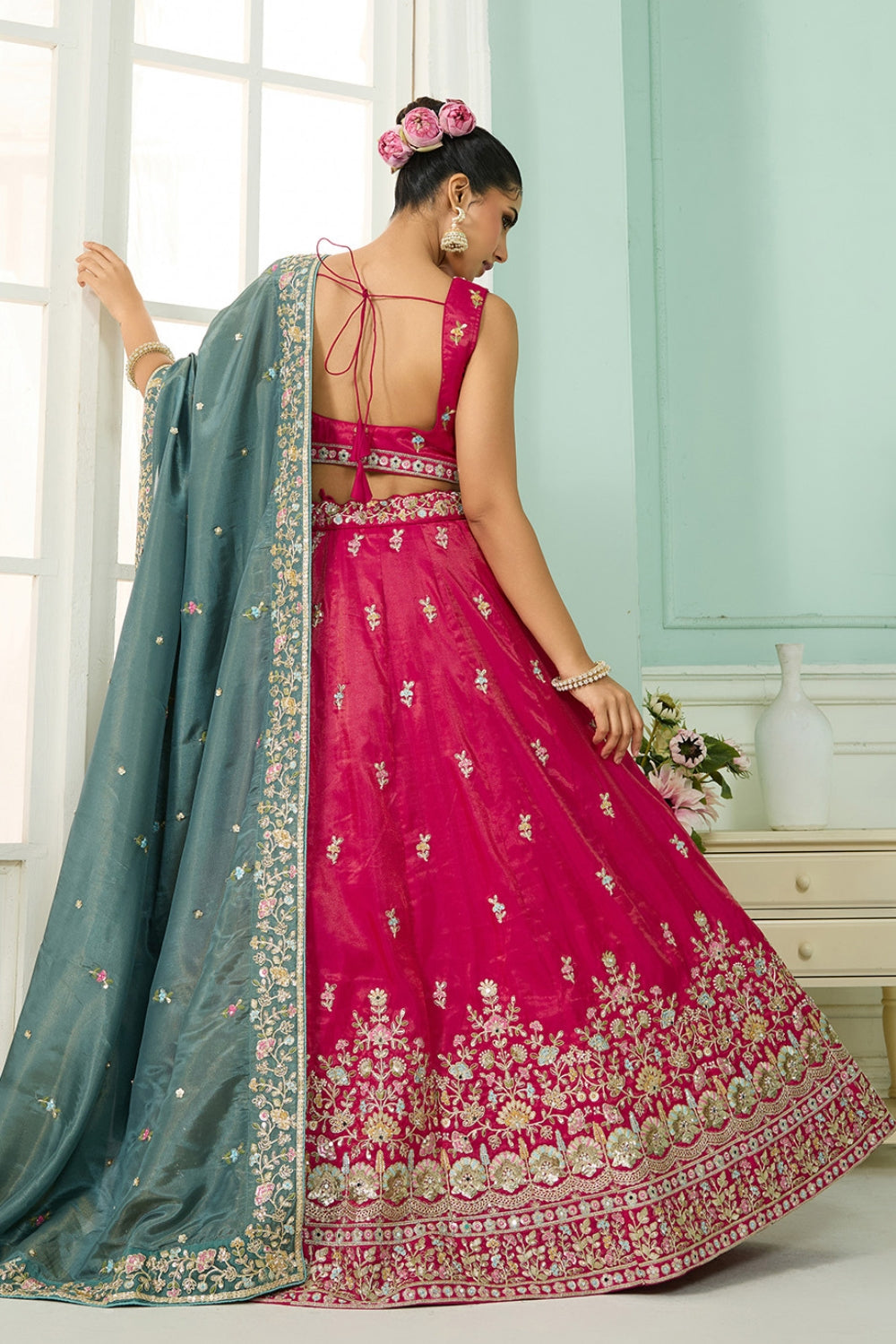 SILK LEHENGA CHOLI WITH MOTI AND SEQUINS