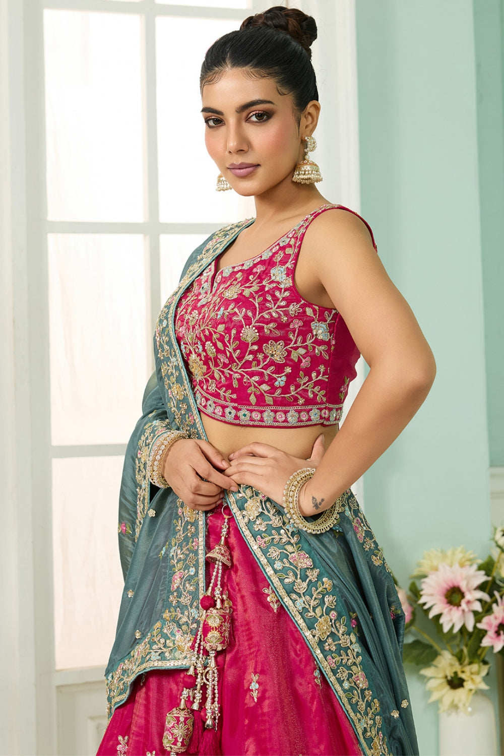 SILK LEHENGA CHOLI WITH MOTI AND SEQUINS