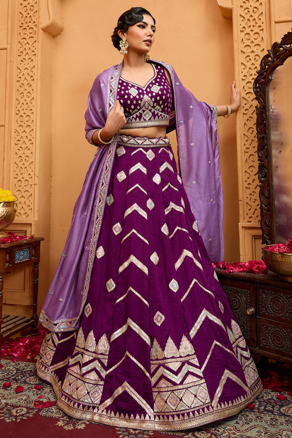 SILK LEHENGA CHOLI WITH SEQUINS AND RESHAM EMBROIDERY