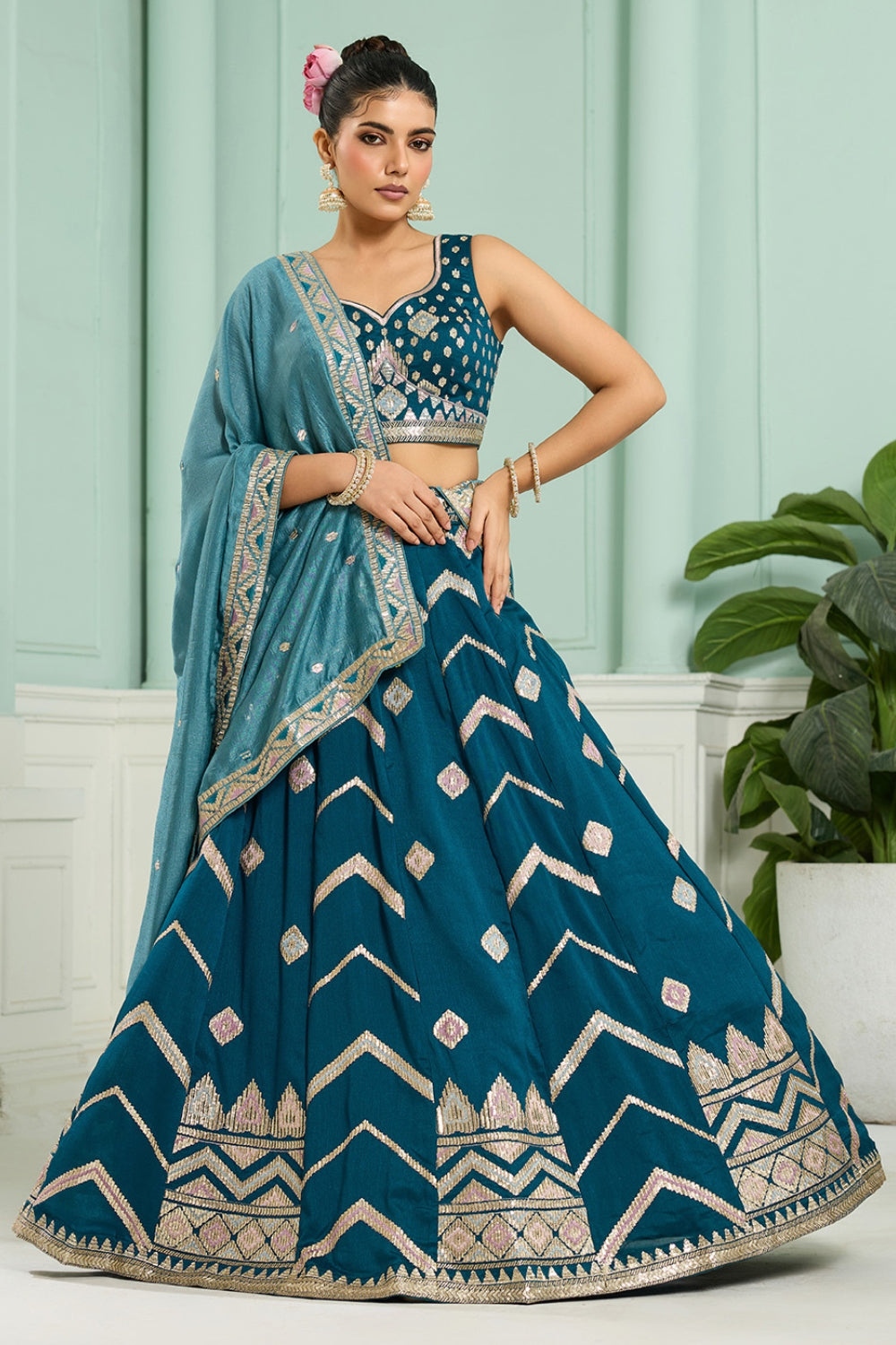 SILK LEHENGA CHOLI WITH SEQUINS AND RESHAM EMBROIDERY