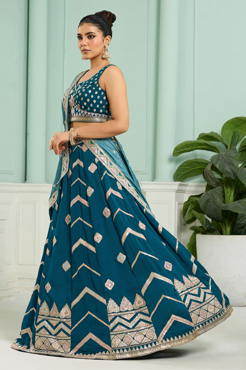 SILK LEHENGA CHOLI WITH SEQUINS AND RESHAM EMBROIDERY