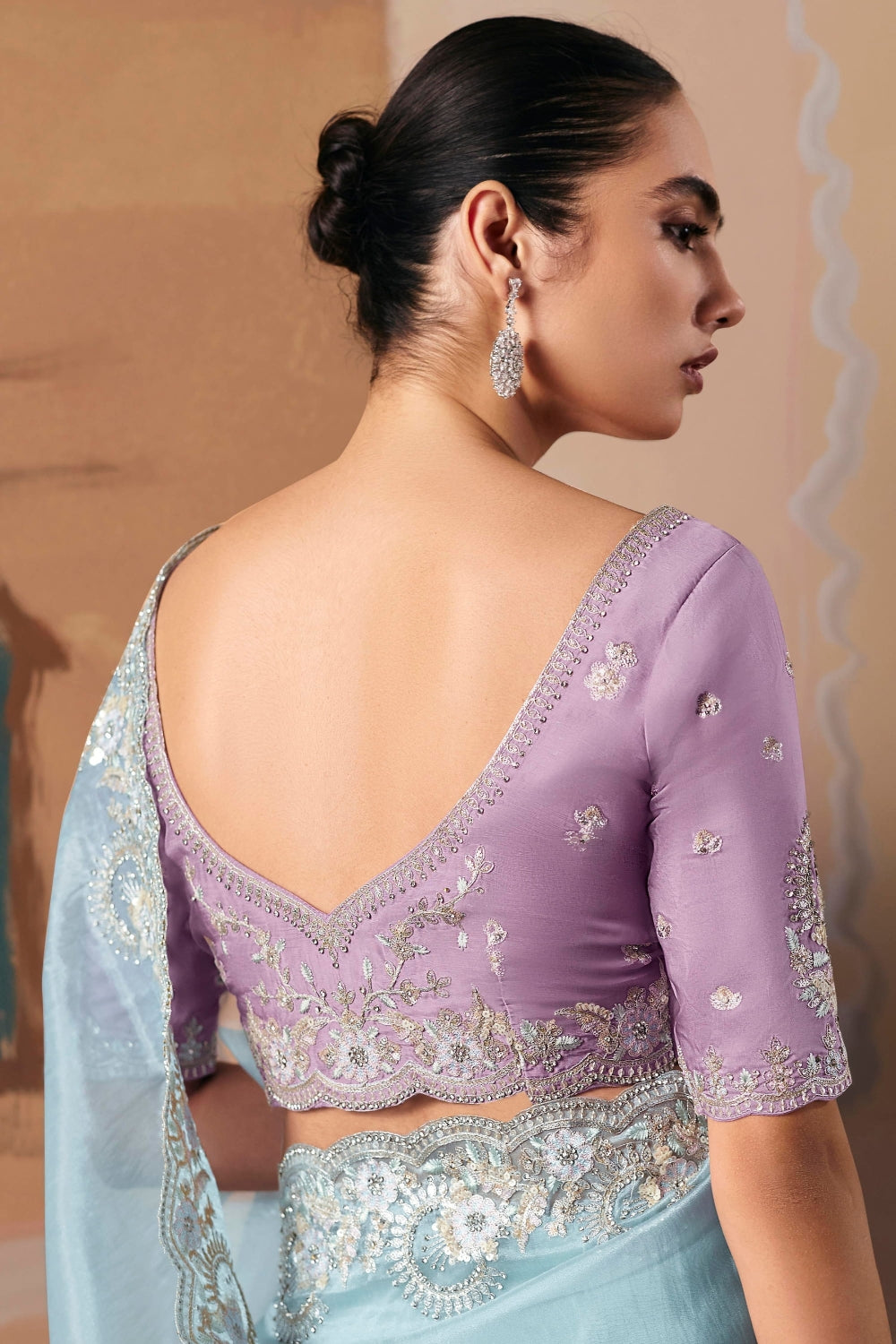 SKY BLUE ORGANZA SAREE WITH SEQUINS AND STONE WORK