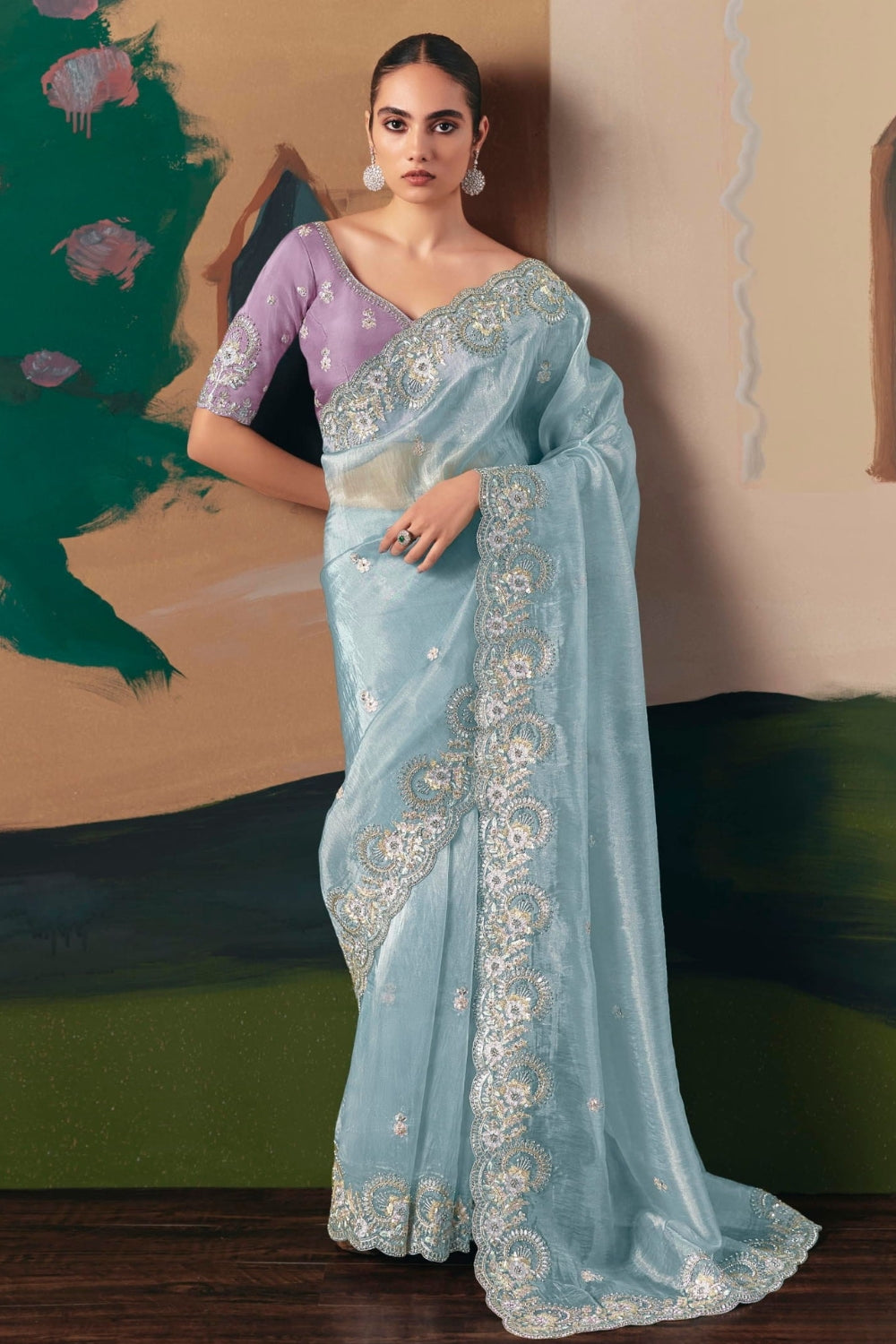 SKY BLUE ORGANZA SAREE WITH SEQUINS AND STONE WORK