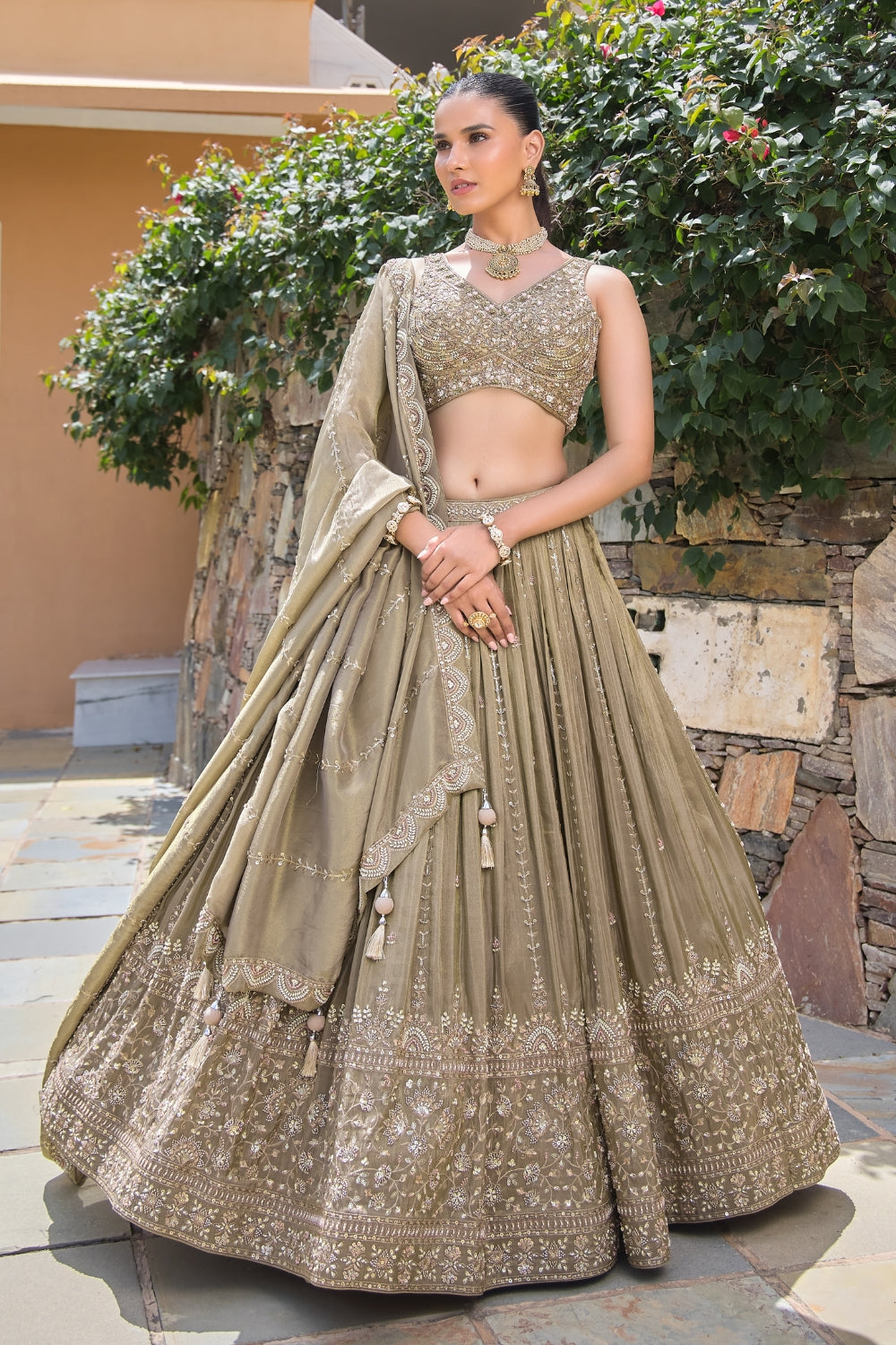 Sage Gold Silk Tissue Lehenga Set with Zardosi and Cutdana Work