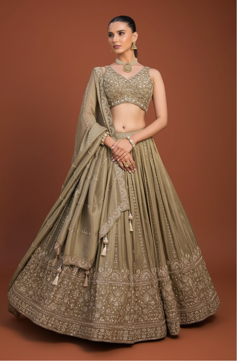 Sage Gold Silk Tissue Lehenga Set with Zardosi and Cutdana Work