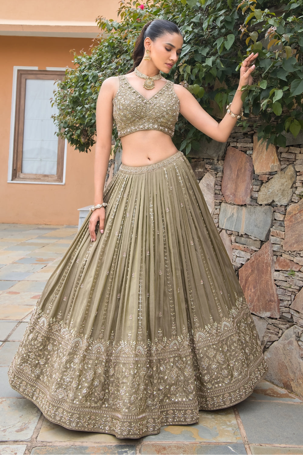 Sage Gold Silk Tissue Lehenga Set with Zardosi and Cutdana Work