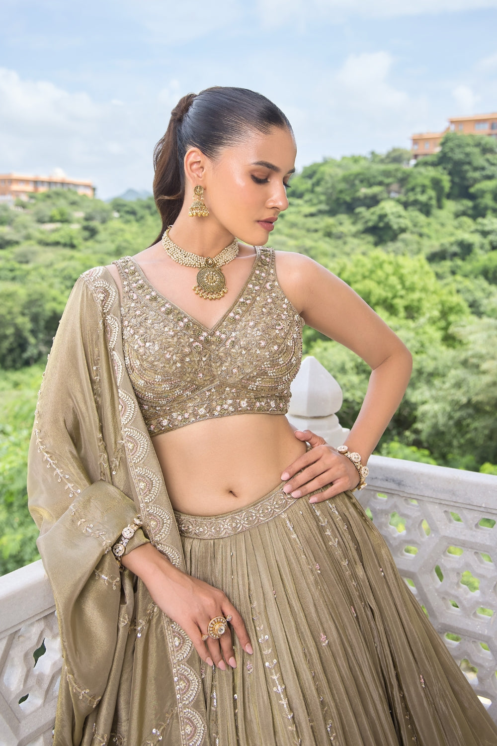 Sage Gold Silk Tissue Lehenga Set with Zardosi and Cutdana Work